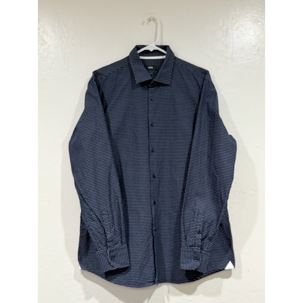 Hugo Boss Jesse Slim Fit Dress Shirt Navy Blue Geometric Dot Mens 17 43 L - Picture 2 of 11